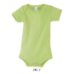 A light green baby bodysuit with short sleeves and snaps at the bottom, featuring a logo.