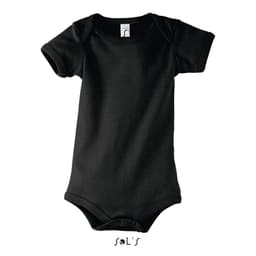 A short-sleeved black baby bodysuit featuring a simple design and a tag inside. It includes a branding label.
