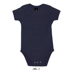 A navy blue baby bodysuit with short sleeves and a branded tag, featuring snap closure at the bottom.