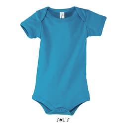 A blue baby bodysuit with short sleeves and a snap closure at the bottom, featuring a logo.