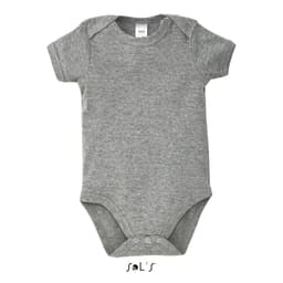 A grey short-sleeved baby bodysuit featuring a snap closure at the bottom and a logo on the front.