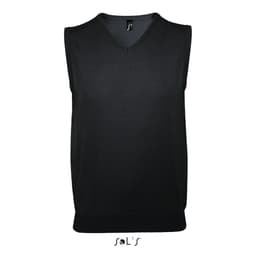 A black unisex sleeveless vest made of cotton and acrylic, featuring a V-neck design and a logo at the neck.