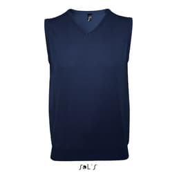 A navy blue unisex vest made of cotton and acrylic with a v-neck design and a logo at the neckline.