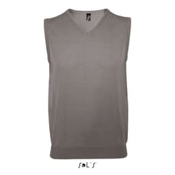 A light grey unisex cotton/acrylic vest with a v-neck and a fitted hem. It features a logo on the collar.
