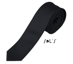 A black slim tie, rolled neatly with a branding logo visible. The tie features a sleek and modern design.