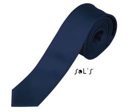 A slim navy tie with a smooth finish and a branding logo on the side.