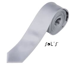 A slim silver tie rolled neatly, featuring a logo on the side. The tie has a smooth, shiny finish.