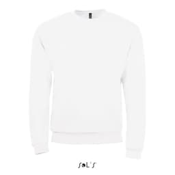 A white sweatshirt featuring a crew neckline and long sleeves, with a logo on the neck.