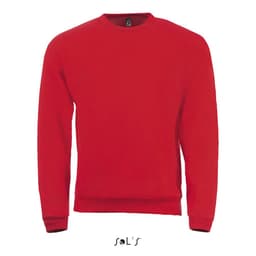 A red crew neck sweatshirt made of 50% cotton and 50% polyester, featuring a branded logo.