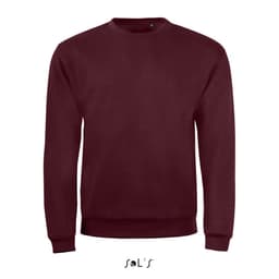 A maroon sweatshirt featuring a crew neck, long sleeves, and a brand logo on the lower front.