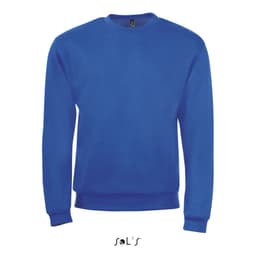 A blue sweatshirt made of 50% cotton and 50% polyester, featuring a logo on the label.