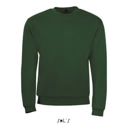 A green sweatshirt made of 50% cotton and 50% polyester, featuring a logo on the label.