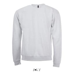 A grey men's sweatshirt made of 50% cotton and 50% polyester, featuring a logo on the back.