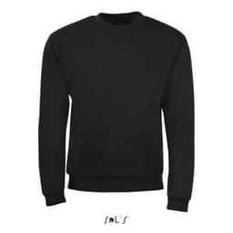 A black sweatshirt made of 50% cotton and 50% polyester, featuring a logo on the front.