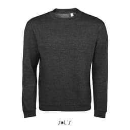 A dark grey men's sweatshirt made of 50% cotton and 50% polyester, featuring a simple design and a logo.