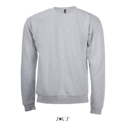 A grey sweatshirt made from 50% cotton and 50% polyester, featuring a branding label on the back.