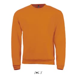 An orange men's sweatshirt made from 50% cotton and 50% polyester, featuring a logo.