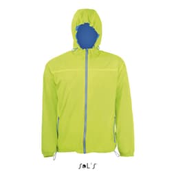 A unisex hoodie in bright yellow nylon, featuring a hood and blue lining, with zippers and an understated logo.