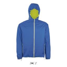 A blue unisex hoodie made of 210T nylon, featuring a windproof and waterproof design with a green hood lining.