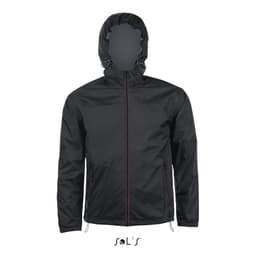 A black unisex hoodie made from 210T nylon, featuring a water and windproof design and a hood.