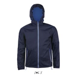 A unisex navy hoodie made from 210T nylon, water and windproof, featuring a hood and contrasting zips.