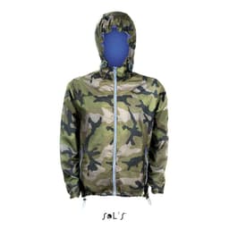 A camouflage unisex hoodie made from 210T nylon, water and windproof, featuring a hood and a zippered front.
