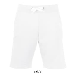 A pair of white casual shorts for men featuring an elastic waistband and drawstring. Includes a logo.