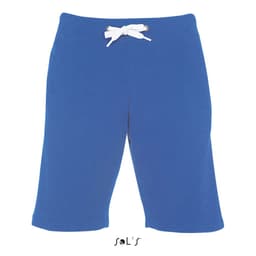 Casual blue shorts for men with a white drawstring, featuring a logo at the bottom.