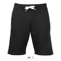 Casual men's shorts in black with a white drawstring and pockets. Features a branding logo on the lower front.