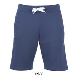 A pair of navy blue casual men's shorts with a white drawstring and pockets, featuring a logo at the bottom.