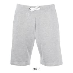Casual men's shorts in light grey with a drawstring waist and two pockets, featuring a logo on the lower part.