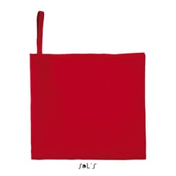 A red microfibre gym/sports towel measuring 30cm x 50cm with a hanging loop and a logo.