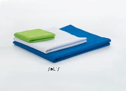 A set of three microfibre towels in green, white, and blue, stacked together, with a logo present.