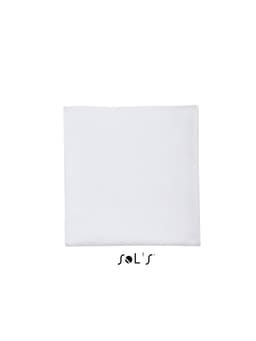 A white microfibre sports towel with an elastic strap, measuring 50cm x 100cm, featuring a logo at the bottom.