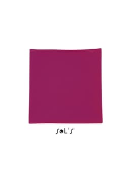 A pink microfibre sports towel with an elastic strap, measuring 50cm x 100cm, featuring a logo.