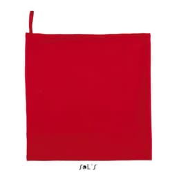 A red microfibre sports towel with an elastic strap, measuring 50cm x 100cm, featuring a logo.