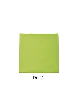 A lime green microfibre sports towel with an elastic strap, measuring 50cm x 100cm, featuring a logo.