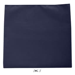 A navy blue microfibre sports towel with an elastic strap, measuring 50cm x 100cm. Features a branding logo.