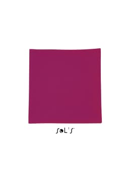 A microfibre sports towel in a vibrant magenta colour, measuring 120cm x 70cm, with a logo displayed.