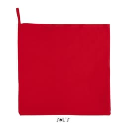A red microfibre towel measuring 120cm x 70cm, featuring a loop for easy hanging. It has a logo at the bottom.