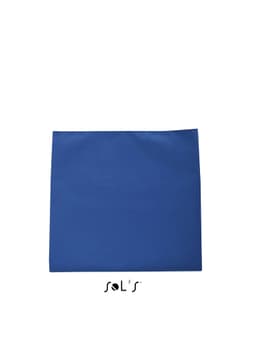 A microfibre gym towel in a vibrant blue, measuring 120cm x 70cm, featuring a logo on the bottom.