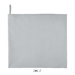 A grey microfibre towel measuring 120cm x 70cm, featuring a hanging loop and a logo at the bottom.
