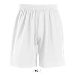 Shorts in solid white with an elastic waistband, featuring a brand logo. Suitable for sports and casual wear.