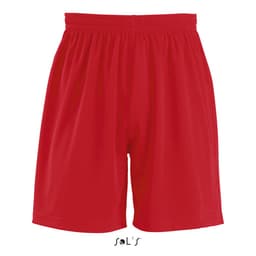 Red sports shorts for adults with an elastic waistband, featuring branding on the front.