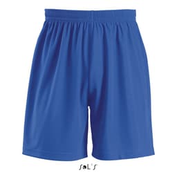 Blue sports shorts with an elastic waistband, featuring a branding logo.