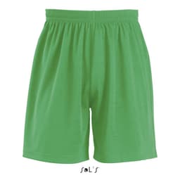 A pair of green sports shorts with an elastic waistband. Features a logo at the bottom.