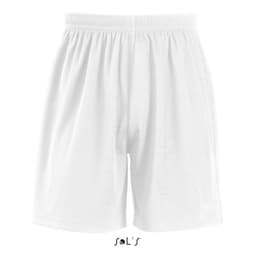 White kids' sports shorts with an elastic waistband, featuring a branding logo.