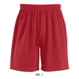 A pair of red shorts designed for kids, featuring an elastic waistband and no visible branding.