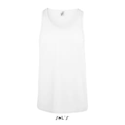 A white unisex singlet tank top featuring a logo at the label. Simple and versatile design.