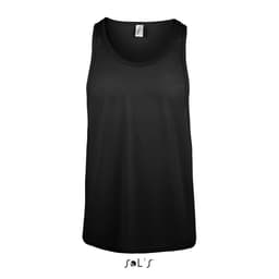 A unisex singlet tank top in black, featuring a tag at the neckline and a logo at the base.